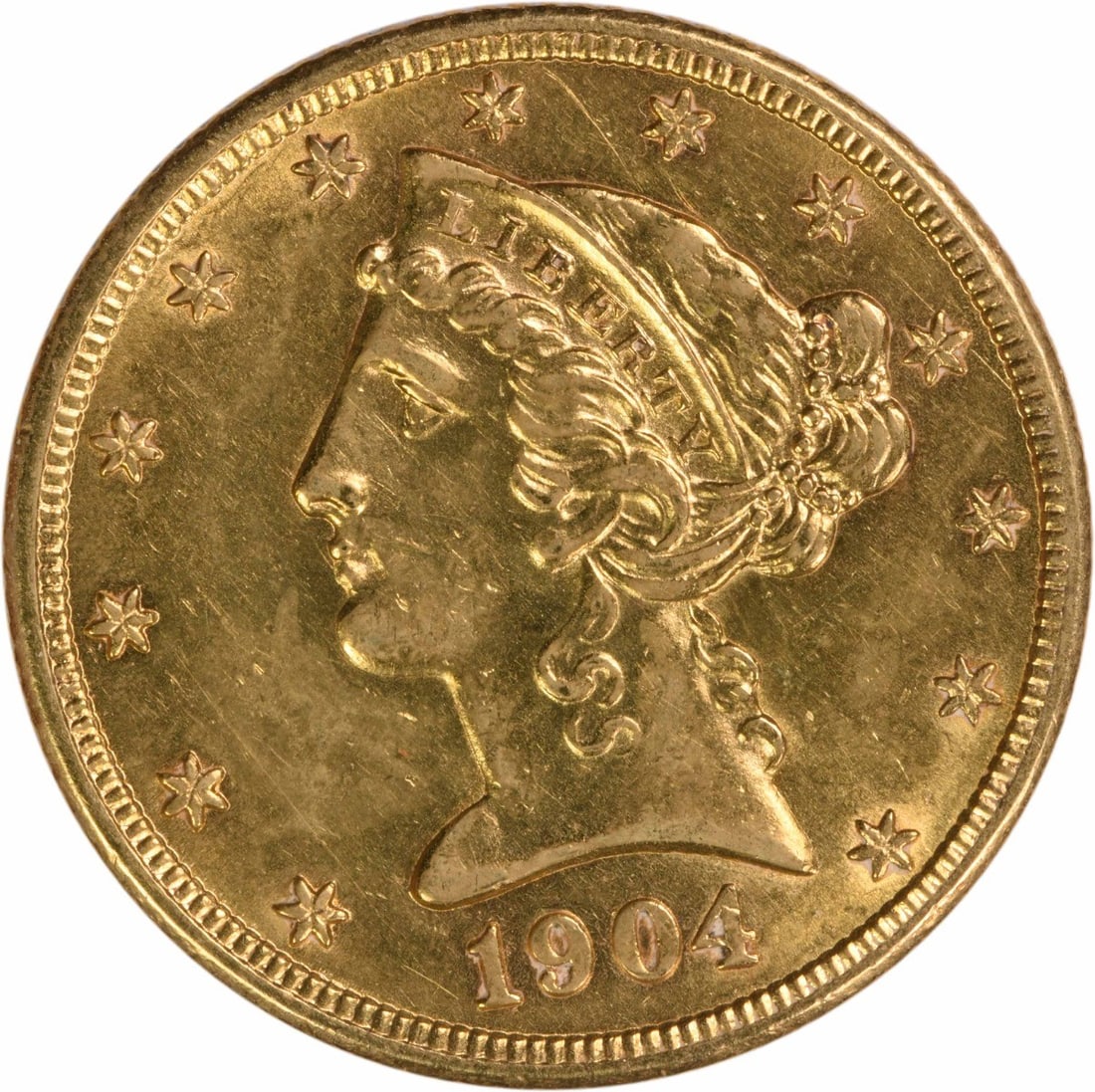 1904 Liberty Head Five Dollar Gold Coin AU Uncertified: 1904 Liberty Head Five Dollar Gold Coin AU Uncertified This 1904 $5 Gold Liberty Head coin was minted in Philadelphia and features the classic design by Christian Gobrecht. Composed of 90% gold and 10