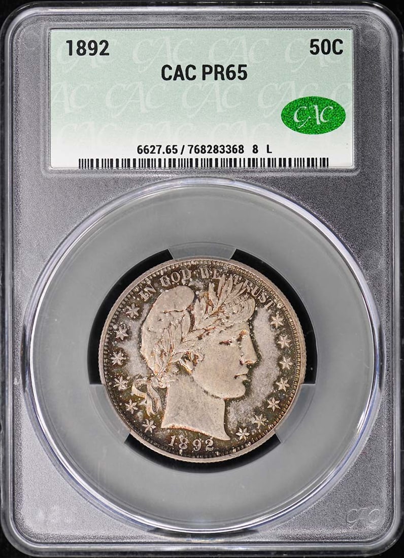 1892 Barber Half Dollar Proof CACG PR65 CAC: 1892 Barber Half Dollar Proof CACG PR65 CAC This 1892 Barber Half Dollar is a proof strike coin graded PR65 by CACG, with an additional CAC designation. Issued by the United States Mint in Philadelphi