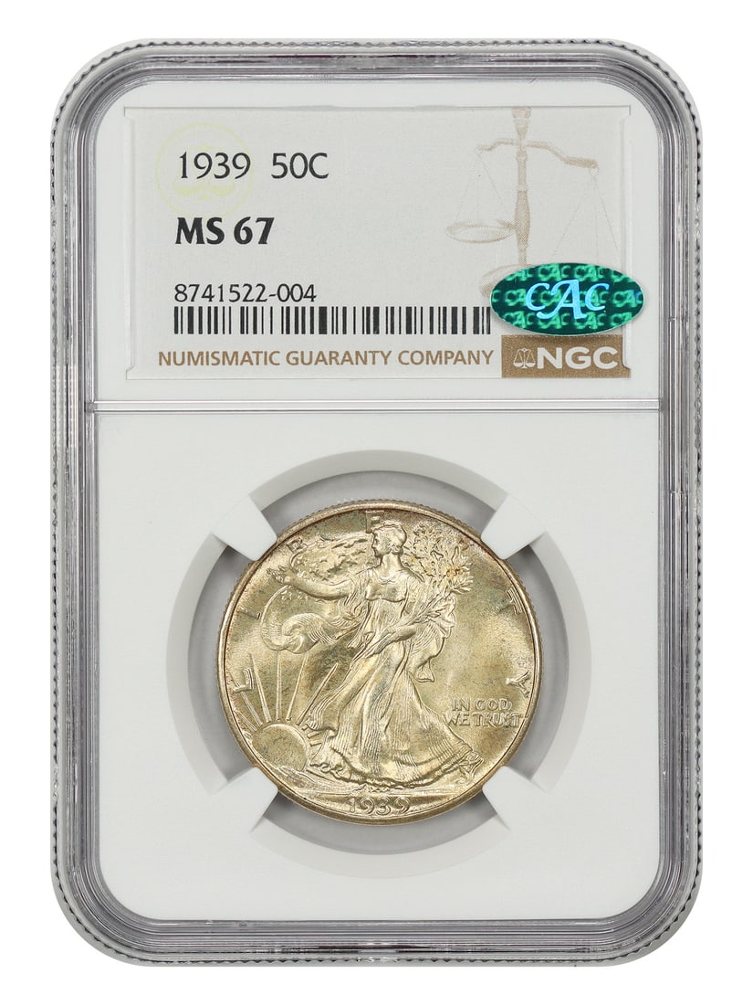 1939 Philadelphia Walking Liberty Half Dollar NGC CAC MS67: 1939 Philadelphia Walking Liberty Half Dollar NGC CAC MS67 This 1939 Walking Liberty Half Dollar features sunny-golden surfaces with vibrant luster. Graded MS67 by NGC and CAC certified, it is an unci