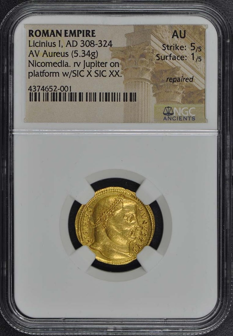 Licinius I AD 308-324 NGC AU50 Ancient Roman Aureus Coin: Licinius I AD 308-324 NGC AU50 Ancient Roman Aureus Coin This exquisite ancient Roman gold aureus features Licinius I, who ruled from AD 308 to 324. Graded AU50 by NGC, this coin reflects the high qua