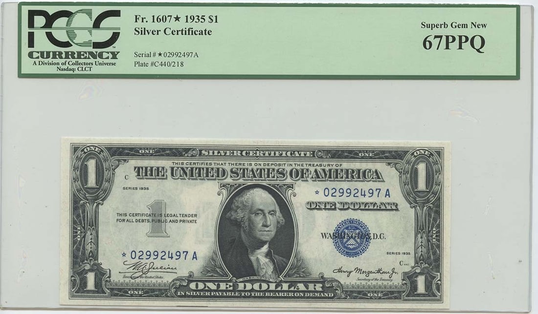 1935 $1 Silver Certificate FR#1607* PCGS 67 Superb Gem PPQ: 1935 $1 Silver Certificate FR#1607* PCGS 67 Superb Gem PPQ This 1935 $1 Silver Certificate (FR#1607*) is a remarkable piece of currency, graded MS67 by PCGS, ensuring its status as a Superb Gem. With 