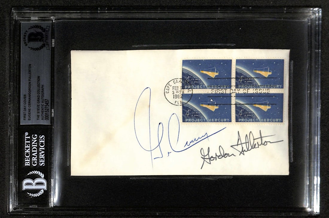 Dual-Signed NASA FDC by Cernan and Fullerton Beckett Authenticated: Dual-Signed NASA FDC by Cernan and Fullerton Beckett Authenticated This NASA Project Mercury First Day of Issue cover is a remarkable collectible featuring bold signatures from two legendary astronaut