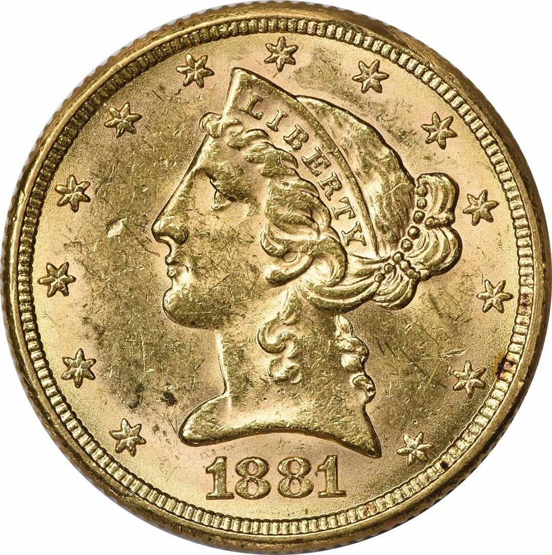 1881 Liberty Head $5 Gold Coin FS-305 RPD BU Uncertified: 1881 Liberty Head $5 Gold Coin FS-305 RPD BU Uncertified This is an 1881 $5 Gold Liberty Head coin featuring the RPD FS-305 variety. It is an uncirculated example graded as BU (Brilliant Uncirculated)