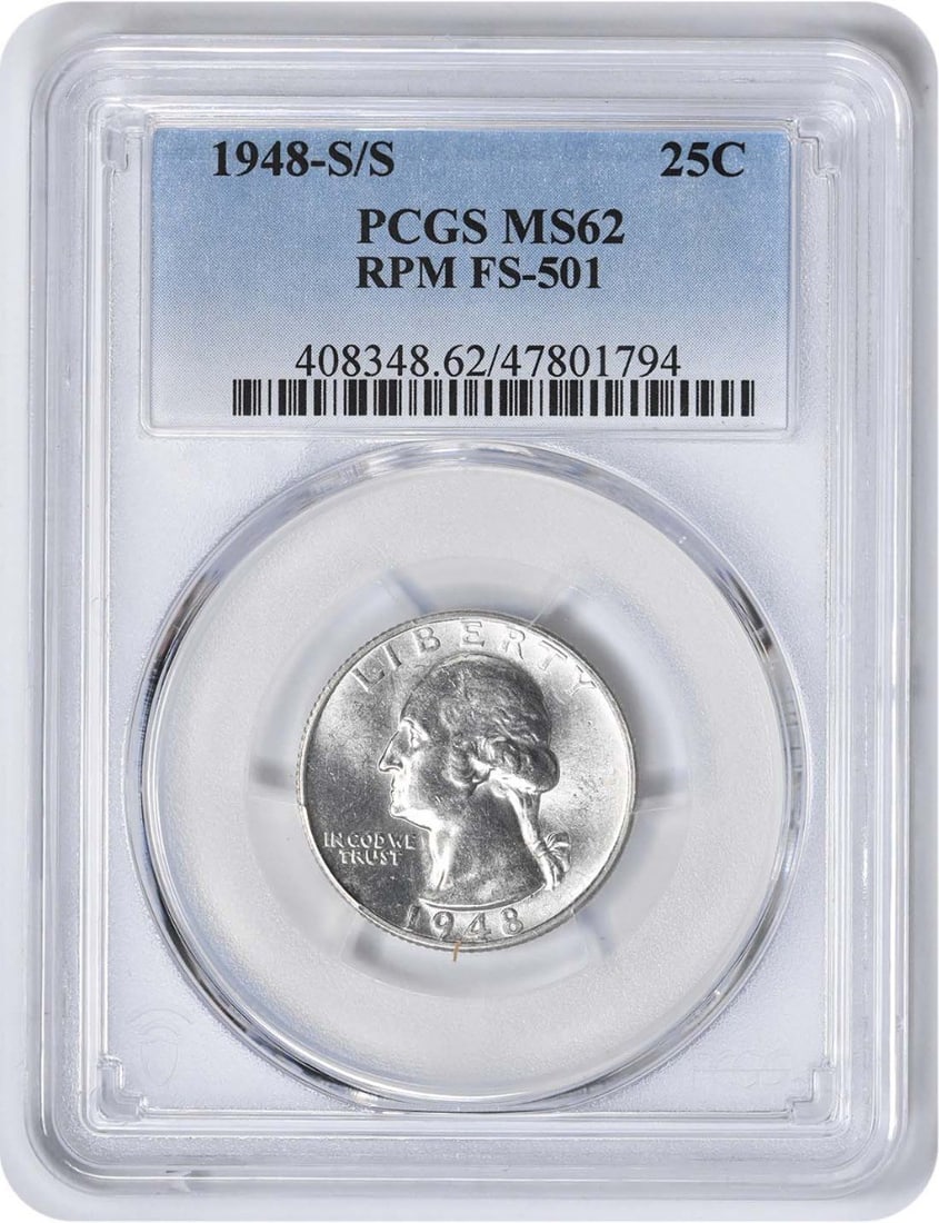 PCGS MS62 1948 San Francisco Washington Quarter RPM FS-501 Silver: PCGS MS62 1948 San Francisco Washington Quarter RPM FS-501 Silver This 1948 Washington Quarter features the S/S repunched mintmark (RPM FS-501) and is composed of 90% silver and 10% copper. Graded MS6