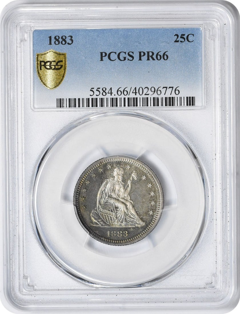 1883 Liberty Seated Silver Quarter PR66 PCGS Uncirculated Proof Coin: 1883 Liberty Seated Silver Quarter PR66 PCGS Uncirculated Proof Coin This 1883 Liberty Seated Silver Quarter features a stunning proof strike and is graded PR66 by PCGS. Minted in Philadelphia, this c