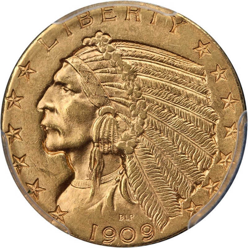 PCGS MS62 1909-D Indian Head $5 Gold Half Eagle: PCGS MS62 1909-D Indian Head $5 Gold Half Eagle This original 1909-D Indian Gold $5 coin is graded MS62 by PCGS, indicating a well-preserved uncirculated condition. It features attractive eye appeal, 