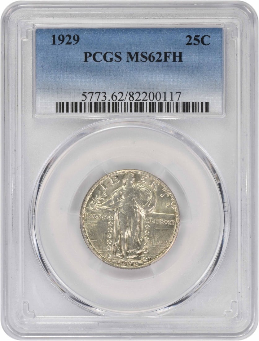 1929 Standing Liberty 25C Silver Coin MS62FH Graded by PCGS: 1929 Standing Liberty 25C Silver Coin MS62FH Graded by PCGS This 1929 Standing Liberty Quarter is graded MS62 Full Head by PCGS and is uncirculated. Struck at the Philadelphia Mint, it features the ic