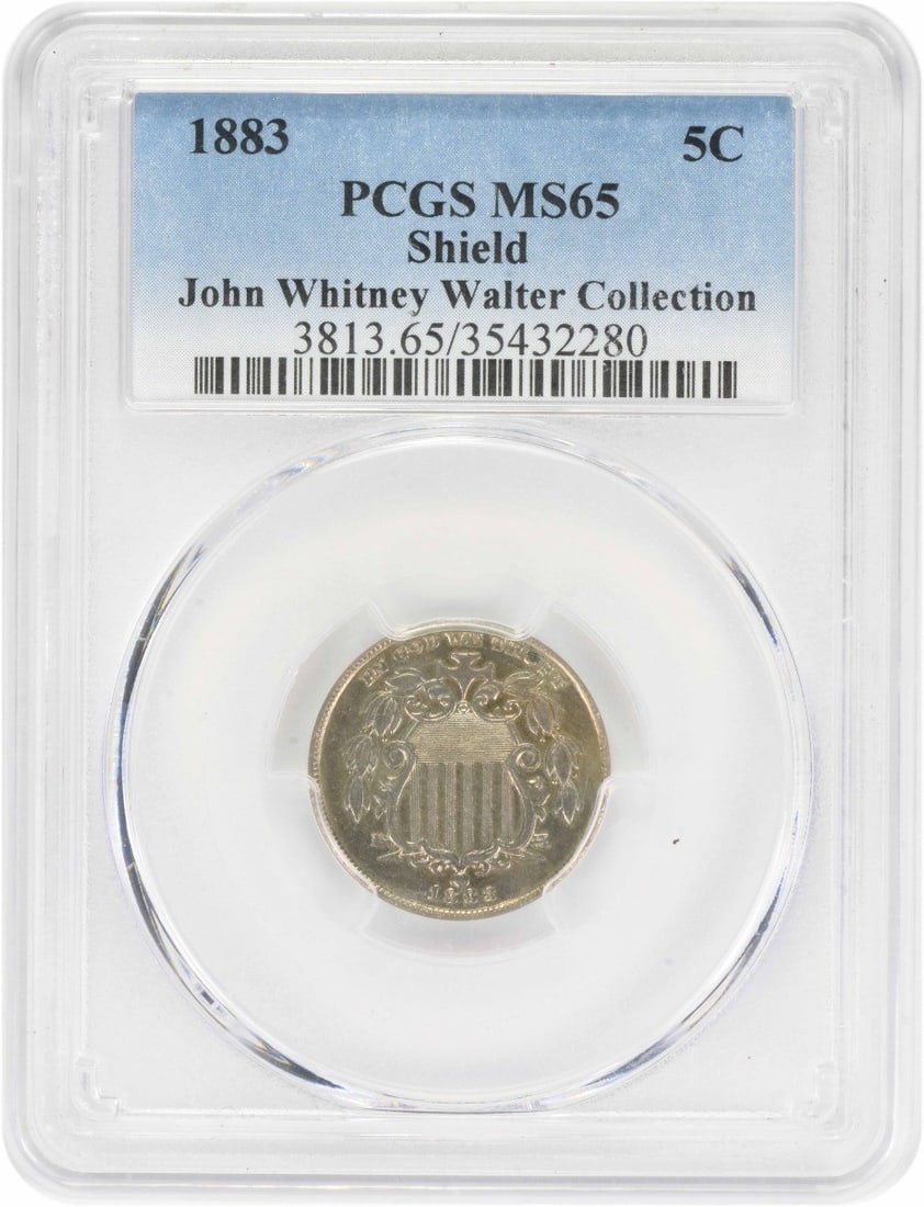 1883 Shield Nickel MS65 PCGS Uncirculated 5C Coin: 1883 Shield Nickel MS65 PCGS Uncirculated 5C Coin This 1883 Shield Nickel is graded MS65 by PCGS, indicating its uncirculated condition with exceptional quality. Designed by James Barton Longacre, thi