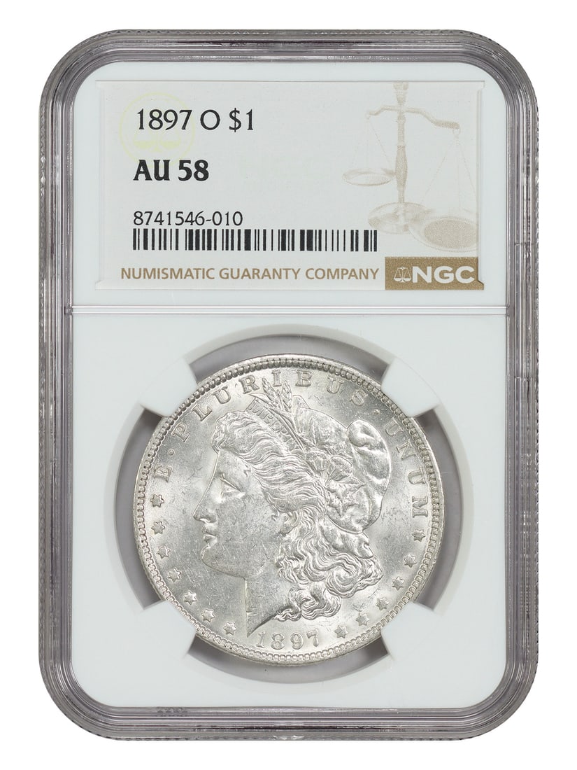 1897-O Morgan Dollar NGC AU58 Better Date: 1897-O Morgan Dollar NGC AU58 Better Date This is an 1897-O Morgan Dollar graded AU58 by NGC. This popular and better date issue was minted in New Orleans and is part of the Morgan Dollar series. The 