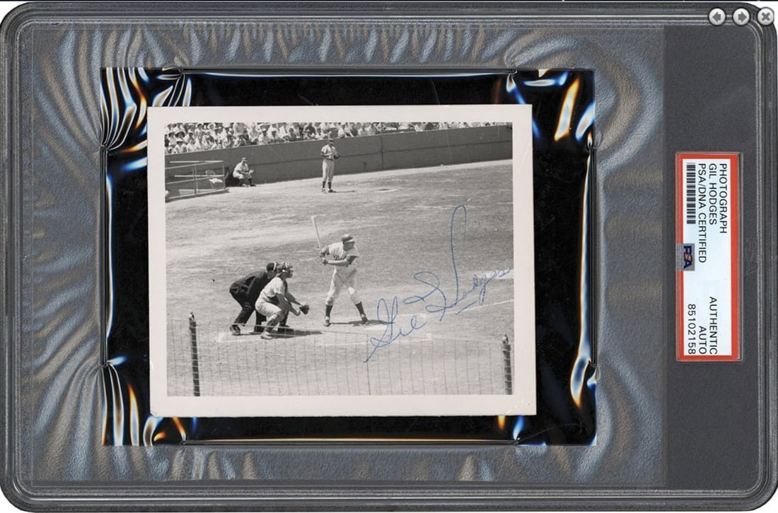 Gil Hodges Signed Vintage 4x5 Photo LA Dodgers PSA/DNA Certified: Gil Hodges Signed Vintage 4x5 Photo LA Dodgers PSA/DNA Certified This offering features a vintage 4x5 photograph of Hall of Famer Gil Hodges at bat for the Los Angeles Dodgers during a home game, like