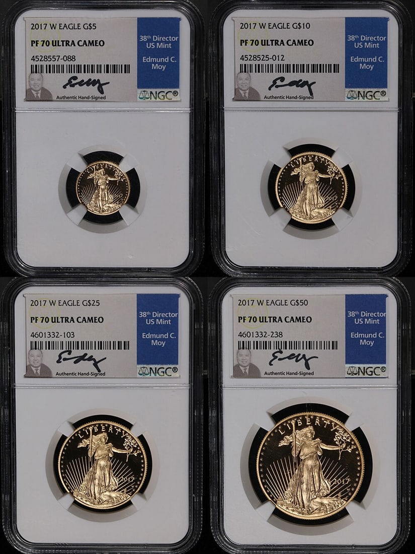 NGC PF70 UCAM 2017-W Gold Eagle Proof Four Coin Set Signed by Edmund Moy: NGC PF70 UCAM 2017-W Gold Eagle Proof Four Coin Set Signed by Edmund Moy This 2017-W Gold American Eagle 4 Coin Proof Set features four coins, each certified by NGC as PF70 Ultra Cameo (UCAM), indicat