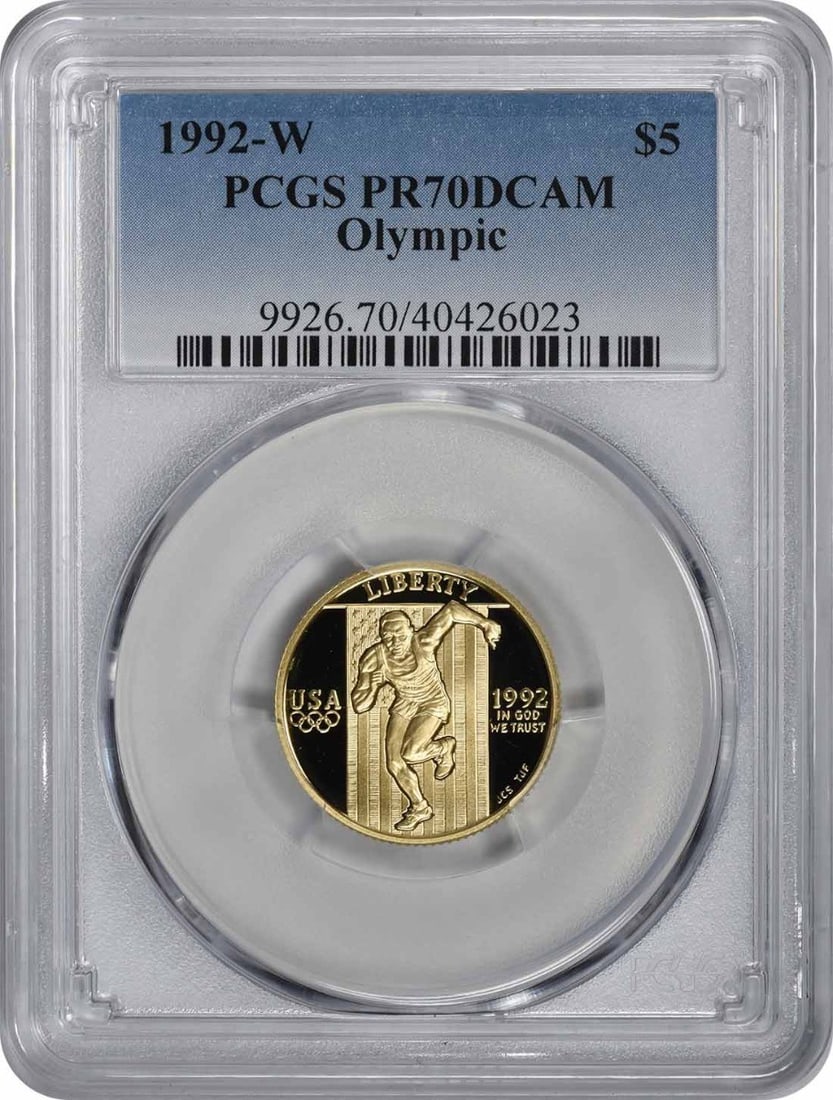 1992-W Olympic Gold Proof $5 PCGS PR70DCAM Coin: 1992-W Olympic Gold Proof $5 PCGS PR70DCAM Coin This is a 1992-W Olympic $5 gold proof commemorative coin from the United States. Struck in gold with a proof finish, this coin celebrates the Olympic G