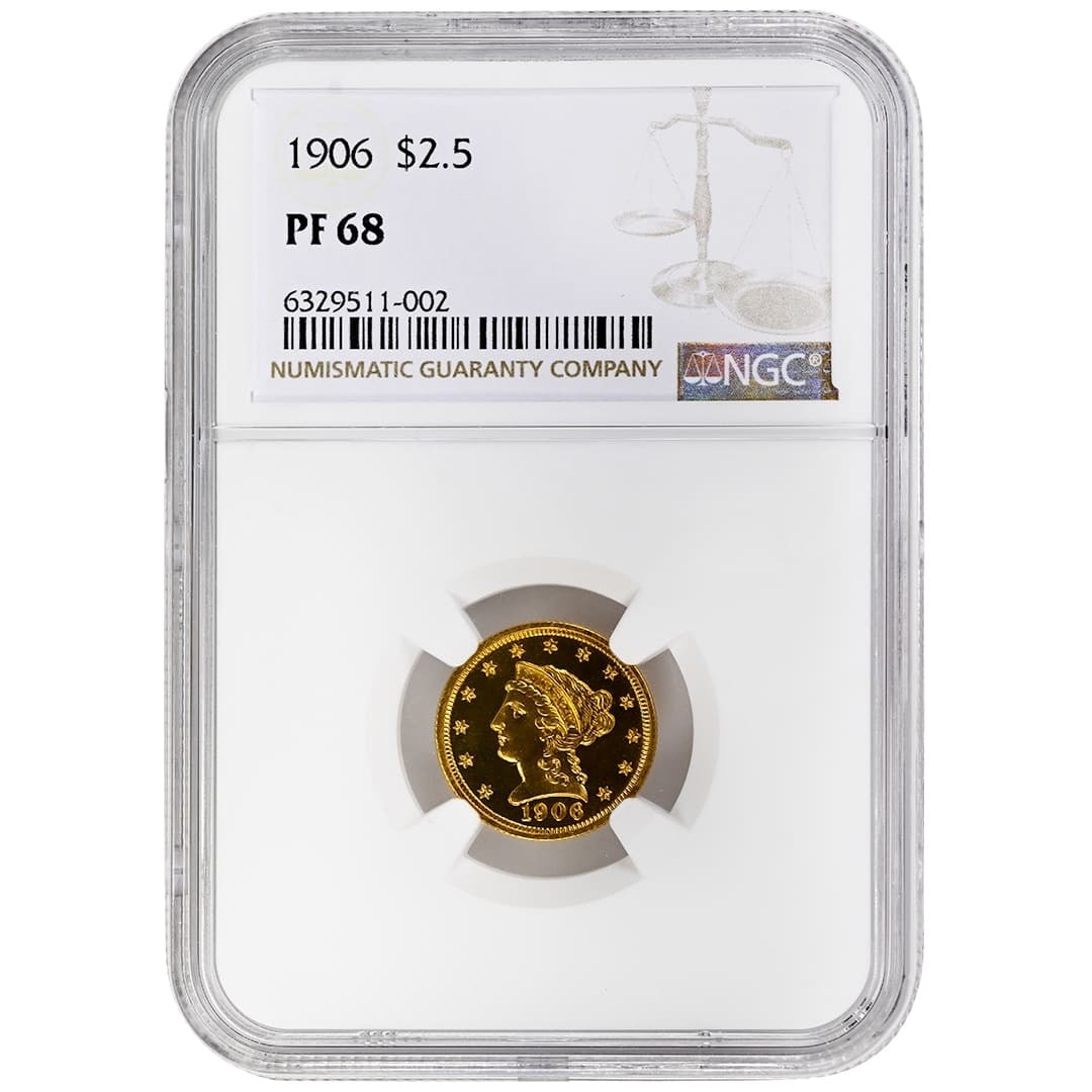 1906 Liberty Head $2.50 Gold Proof NGC PR68: 1906 Liberty Head $2.50 Gold Proof NGC PR68 This is a 1906 $2.50 Liberty Head gold coin from the United States, graded PR68 by NGC. The coin is a proof strike, uncirculated, and certified by NGC. It w