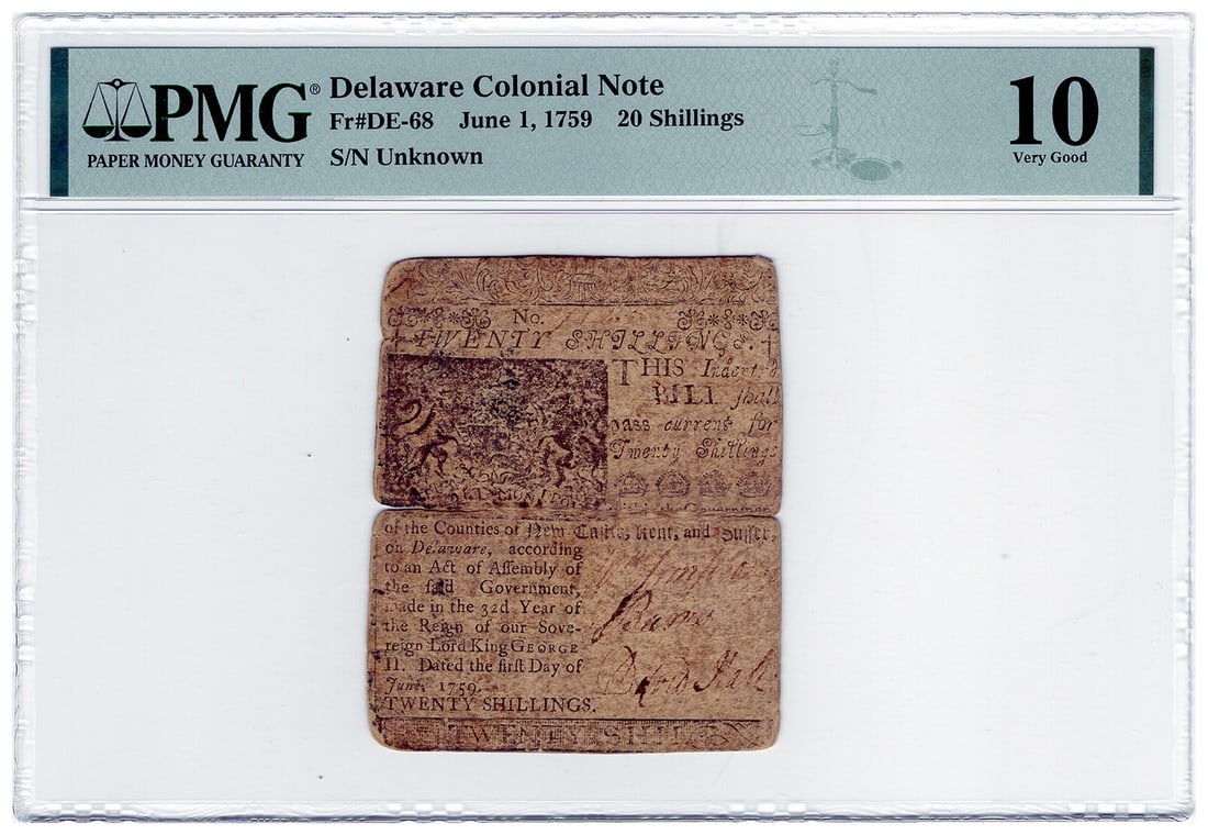 Delaware Colonial Note 20 Shillings 1759 PMG VG10 Ben Franklin: Delaware Colonial Note 20 Shillings 1759 PMG VG10 Ben Franklin This 20 Shillings Delaware Colonial Note, dated June 1, 1759, features a unique design that showcases historical significance and craftsm
