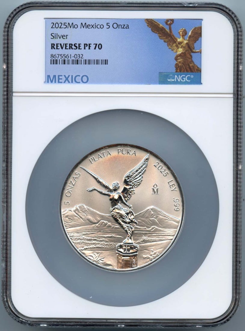 2025 Mexico 5 Onza Libertad Silver NGC PF70 Reverse Proof: 2025 Mexico 5 Onza Libertad Silver NGC PF70 Reverse Proof This 2025 Mo Mexico 5 Onza Libertad silver coin is an uncirculated piece graded PF70 (Proof 70) by NGC, featuring a reverse proof finish. With