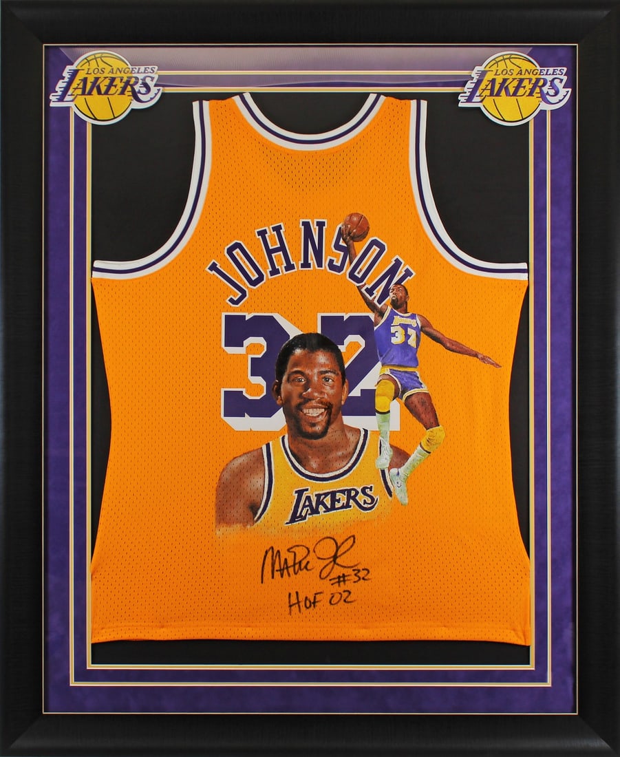 Magic Johnson Signed 1984-85 Lakers Framed Jersey BAS Authentic: Magic Johnson Signed 1984-85 Lakers Framed Jersey BAS Authentic Celebrate the legacy of basketball legend Magic Johnson with this stunning hand-painted yellow Mitchell & Ness 1984-85 Throwback Hardwoo