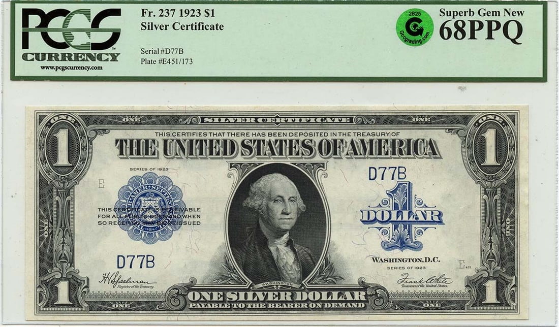 1923 $1 Silver Certificate PCGS MS68 Superb Gem Currency: 1923 $1 Silver Certificate PCGS MS68 Superb Gem Currency This 1923 $1 Silver Certificate, designated as FR#237, is a remarkable piece for collectors. It is graded as MS68 by PCGS, ensuring its excepti