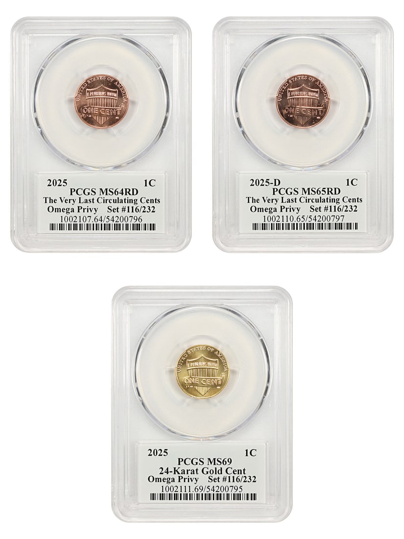 PCGS Graded 2025 Omega Lincoln Cents 3 Coin Set with COA: PCGS Graded 2025 Omega Lincoln Cents 3 Coin Set with COA This set features three 2025 Omega Cents, each graded and encapsulated by PCGS. Included are a 2025 Omega cent from the Philadelphia Mint in MS