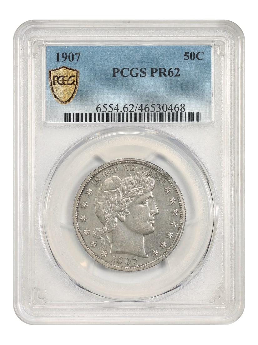 1907 Barber Half Dollar PCGS PR62 Proof 50C: 1907 Barber Half Dollar PCGS PR62 Proof 50C This 1907 Barber Half Dollar is a low mintage proof issue, with only 575 coins struck for the year. Certified by PCGS and graded PR62, this coin was produce