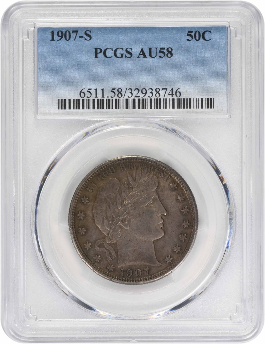 Barber Half Dollar 1907 San Francisco AU58 90 Percent Silver PCGS Certified: Barber Half Dollar 1907 San Francisco AU58 90 Percent Silver PCGS Certified This 1907-S Barber Half Dollar is graded AU58 by PCGS and was minted in San Francisco. Designed by Charles E. Barber, the co