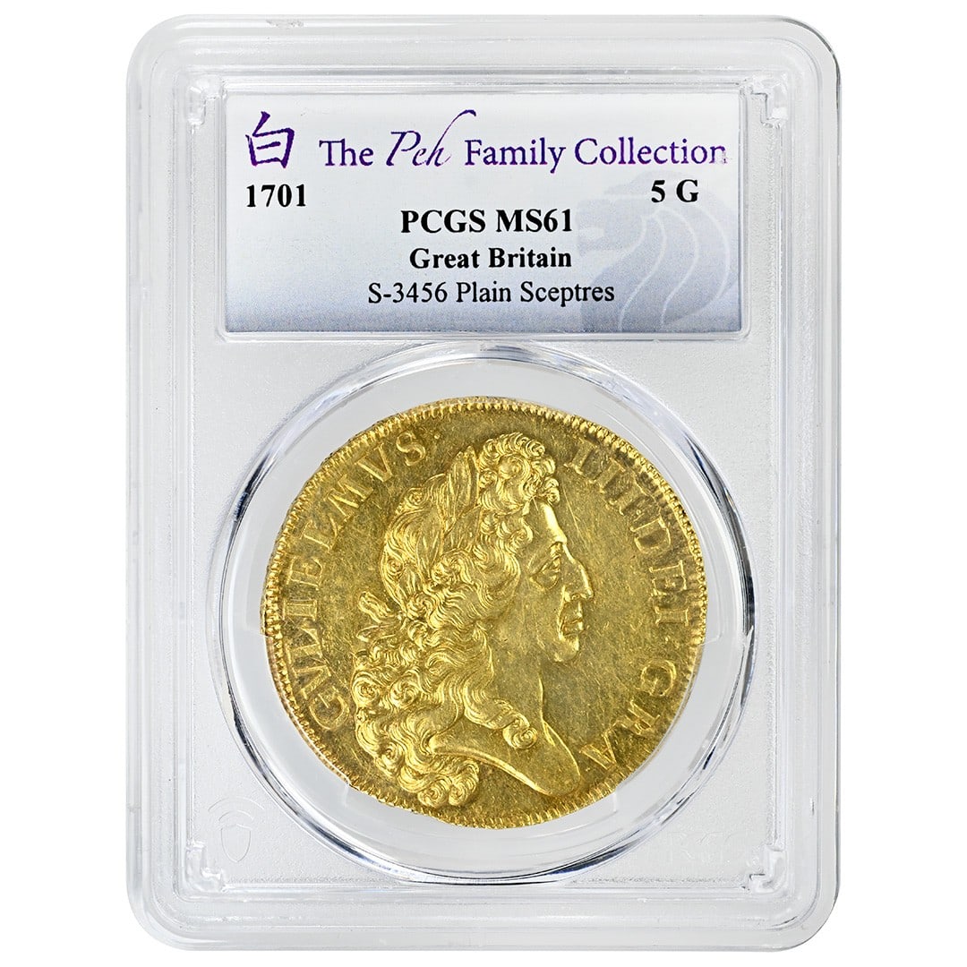 1701 William III Gold 5 Guineas PCGS MS61: 1701 William III Gold 5 Guineas PCGS MS61 This is a 1701 5 Guineas gold coin from the reign of William III, originating from the United Kingdom. It has been graded MS61 by PCGS, indicating an uncircul