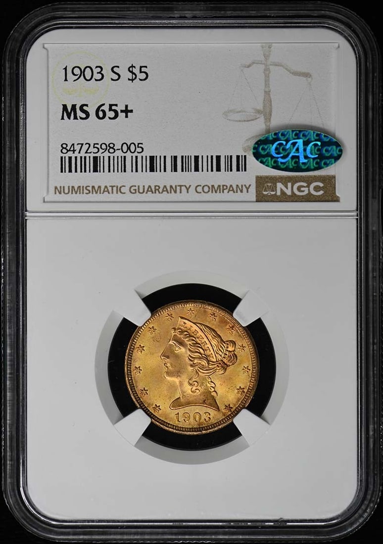 1903-S Liberty Head Half Eagle $5 NGC MS65+ CAC Certified: 1903-S Liberty Head Half Eagle $5 NGC MS65+ CAC Certified This 1903-S Half Eagle, also known as the Liberty Head $5 coin, boasts a high grade of MS65+ and is certified by NGC (Certification Number: 84