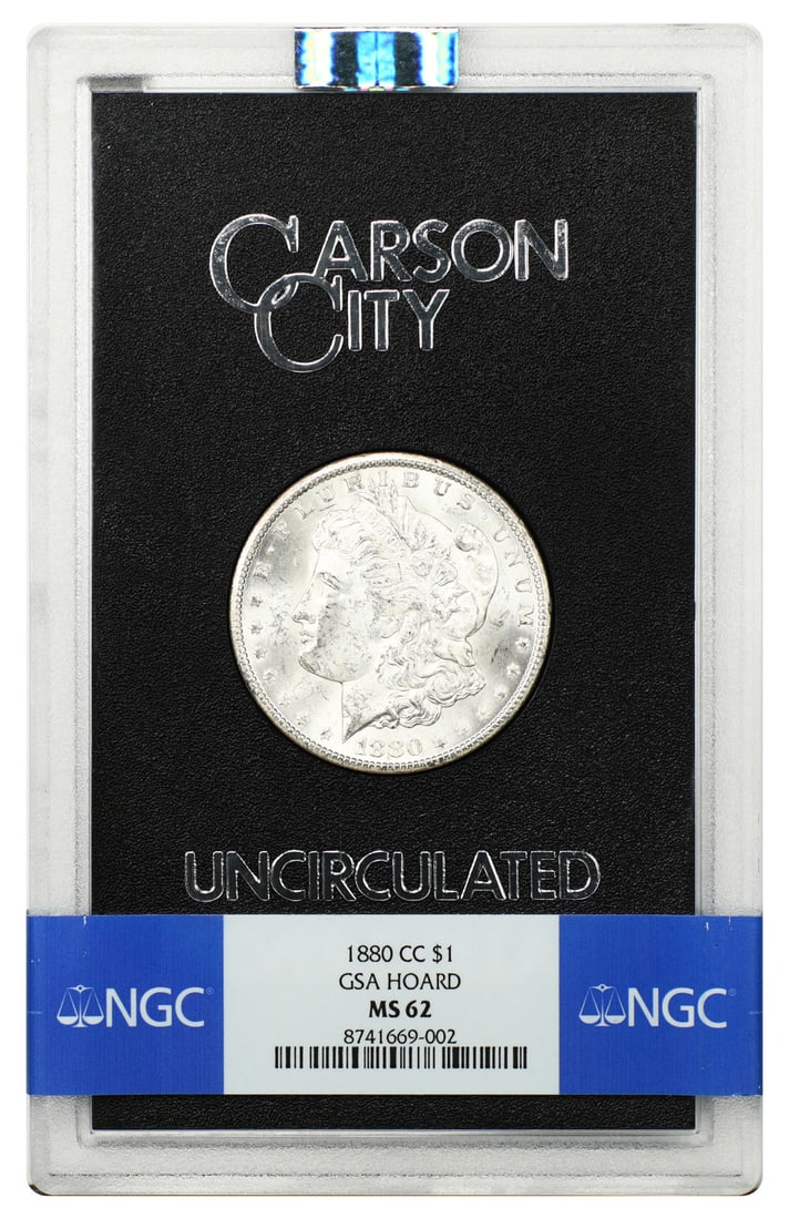 Carson City 1880 CC Morgan Dollar NGC MS62 with Box: Carson City 1880 CC Morgan Dollar NGC MS62 with Box This is an 1880-CC Morgan Dollar, graded MS62 by NGC. The coin is uncirculated and comes with its original box. Minted in Carson City, this pre-owne
