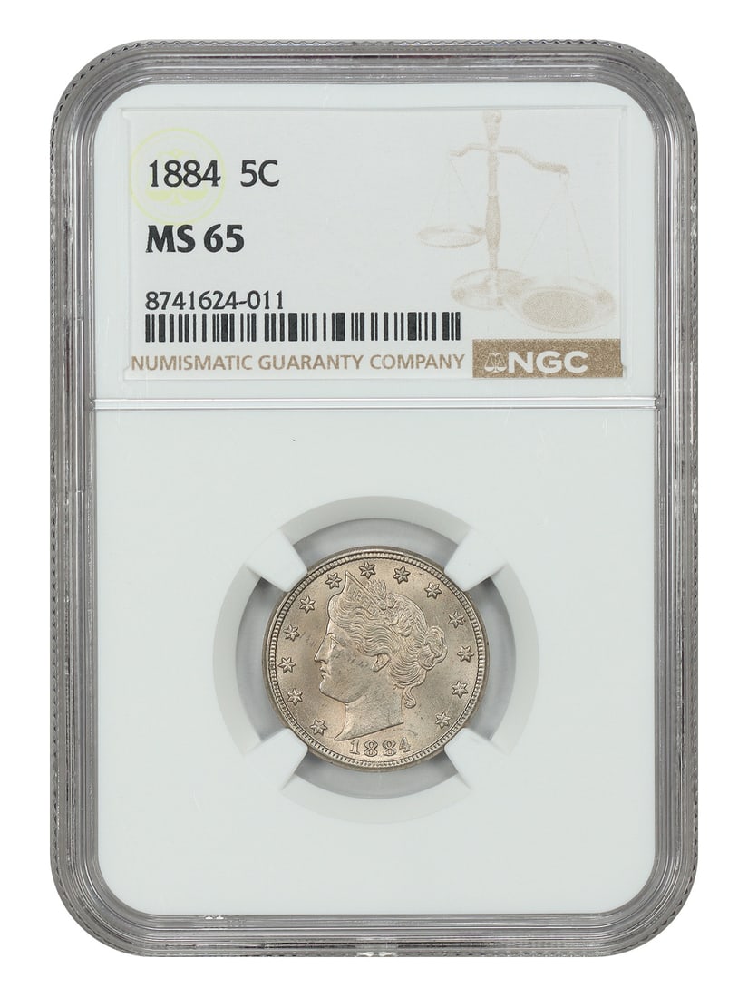 NGC MS65 1884 Liberty 5C Nickel: NGC MS65 1884 Liberty 5C Nickel This 1884 Liberty Nickel has been graded MS65 by NGC and is uncirculated. The coin displays even rose toning across its surfaces, enhanced by strong luster. It was mint