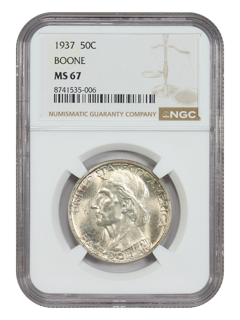 1937 Boone 50C NGC MS67 Philadelphia Silver Commemorative: 1937 Boone 50C NGC MS67 Philadelphia Silver Commemorative This 1937 50-cent Boone Classic Silver Commemorative coin is graded MS67 by NGC. Issued to commemorate the 200th anniversary of the famous fro