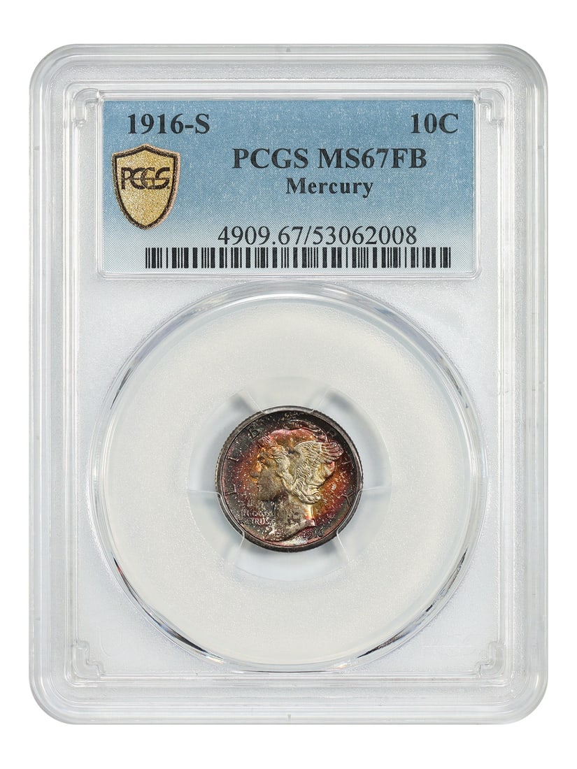 1916-S Mercury Dime PCGS MS67FB San Francisco First-Year Issue: 1916-S Mercury Dime PCGS MS67FB San Francisco First-Year Issue This 1916-S Mercury Dime is a first-year issue from the San Francisco Mint, graded MS67FB by PCGS. It is uncirculated and features vibran