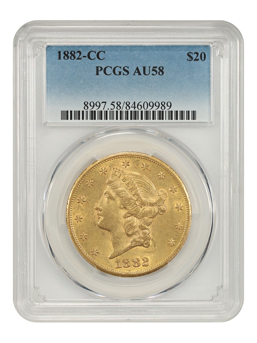 PCGS AU58 1882 Carson City Liberty Head Double Eagle: PCGS AU58 1882 Carson City Liberty Head Double Eagle This 1882-CC Liberty Head $20 Double Eagle gold coin is a notable Carson City Mint issue with a low mintage of under 40,000 coins. Certified by PCG
