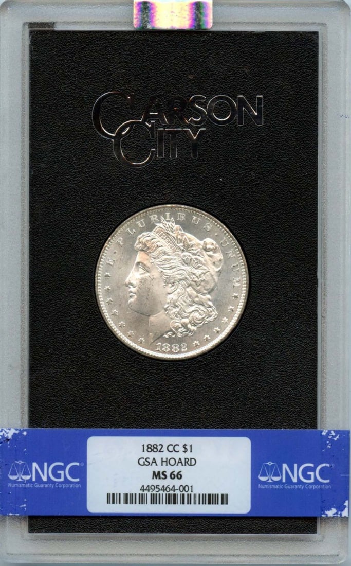 NGC MS66 Carson City 1882 Morgan Silver Dollar GSA Hoard: NGC MS66 Carson City 1882 Morgan Silver Dollar GSA Hoard This 1882-CC Morgan Dollar is part of the GSA Hoard and has been graded MS66 by NGC. Minted in Carson City, this uncirculated silver dollar is 