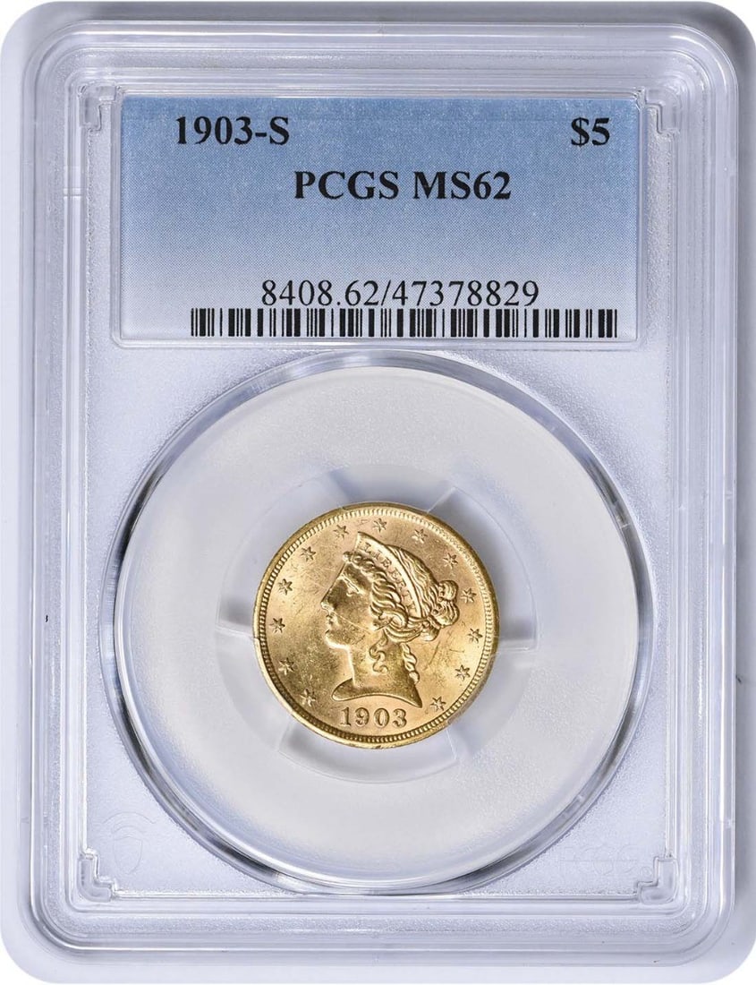 1903-S $5 Gold Liberty Head MS62 PCGS Uncirculated Coin: 1903-S $5 Gold Liberty Head MS62 PCGS Uncirculated Coin This 1903-S $5 Gold Liberty Head coin is a remarkable piece of numismatic history, certified by PCGS with a grade of MS62. Minted in San Francis