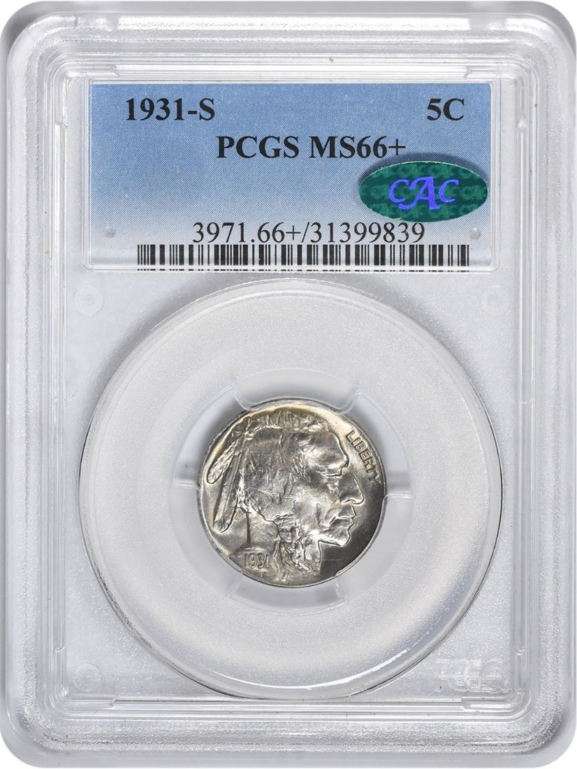 PCGS CAC 1931-S Buffalo Nickel MS66+ 5C: PCGS CAC 1931-S Buffalo Nickel MS66+ 5C This 1931-S Buffalo Nickel is graded MS66+ by PCGS and is certified by CAC. The coin is uncirculated and features the classic Buffalo design. It is composed of 