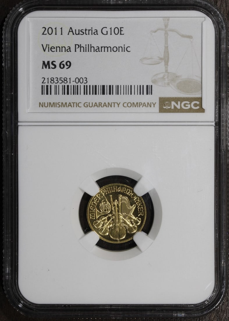 NGC Certified 2011 Austria Philharmonic 1 10 oz Gold Coin: NGC Certified 2011 Austria Philharmonic 1 10 oz Gold Coin This is a pre-owned 2011 Austrian Philharmonic 1/10 oz gold coin, certified by NGC. Minted by the Austrian Mint, this coin is composed of 0.99