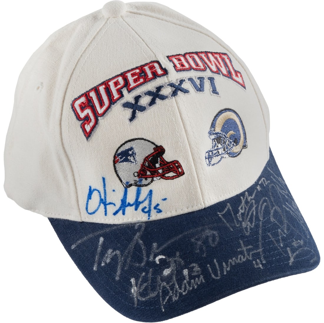 Tom Brady 2001 Patriots Super Bowl XXXVI Signed Cap with Beckett Auth: Tom Brady 2001 Patriots Super Bowl XXXVI Signed Cap with Beckett Auth Celebrate the legacy of Tom Brady and the 2001 New England Patriots with this exclusive, multi-signed Super Bowl XXXVI cap. Authen