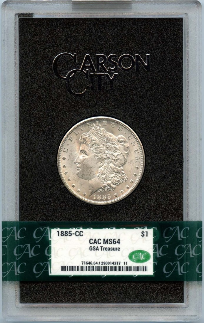 GSA Hoard 1885-CC Morgan Silver Dollar MS64 CACG Certified: GSA Hoard 1885-CC Morgan Silver Dollar MS64 CACG Certified This 1885-CC Morgan Dollar is part of the GSA Hoard and has been certified by CACG with a grade of MS64. Struck at the Carson City Mint, this