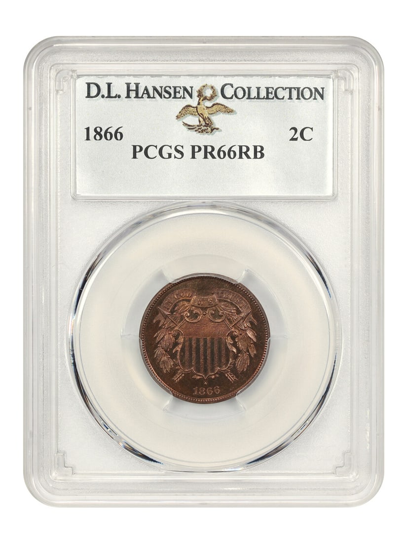 1866 2 Cent PCGS Proof 66 RB D.L. Hansen Low Mintage: 1866 2 Cent PCGS Proof 66 RB D.L. Hansen Low Mintage This 1866 2-Cent coin is certified by PCGS with a grade of 66 and a designation of RB (Red Brown). It features exquisite liquid mirrored fields tha