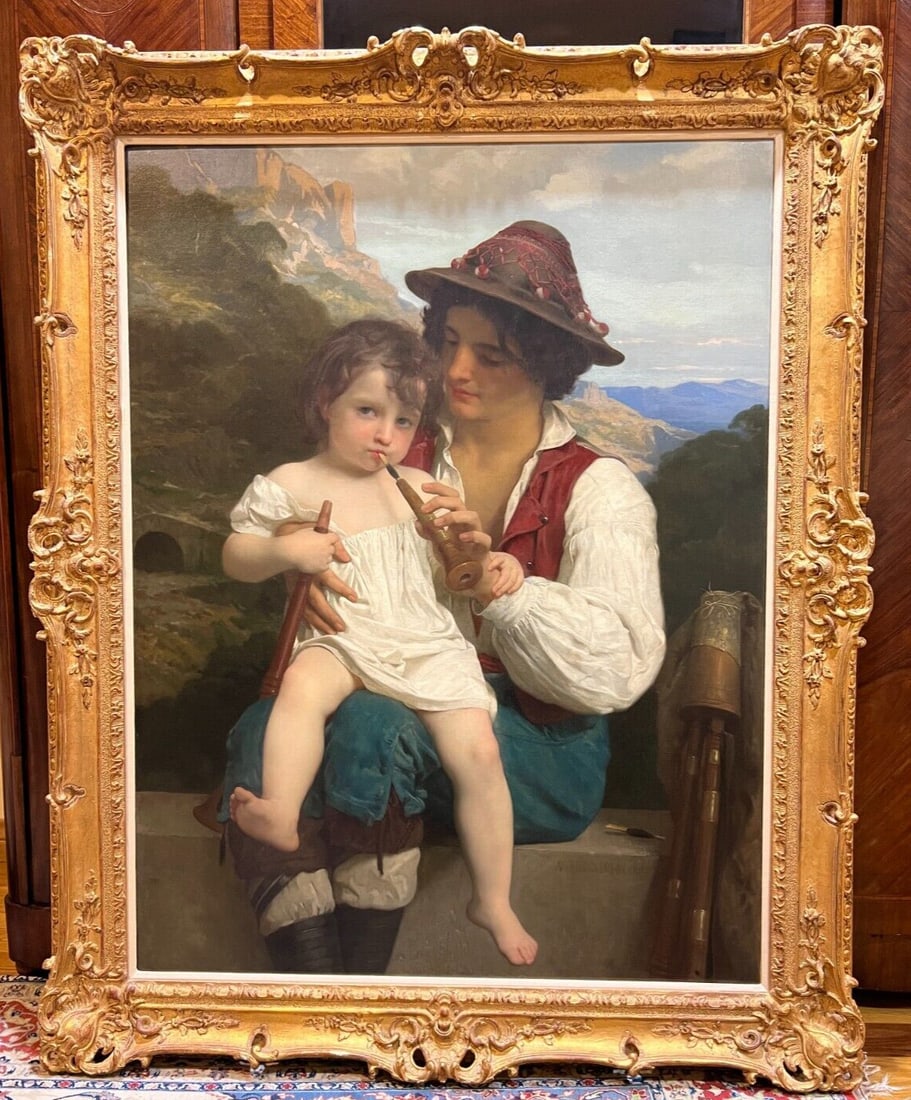 19th Century Oil Painting 'La Lecon De Flute' by Bouguereau: 19th Century Oil Painting 'La Lecon De Flute' by Bouguereau This exquisite 19th-century oil painting on canvas by renowned artist William Adolphe Bouguereau, titled 'La Lecon De Flute', showcases his 
