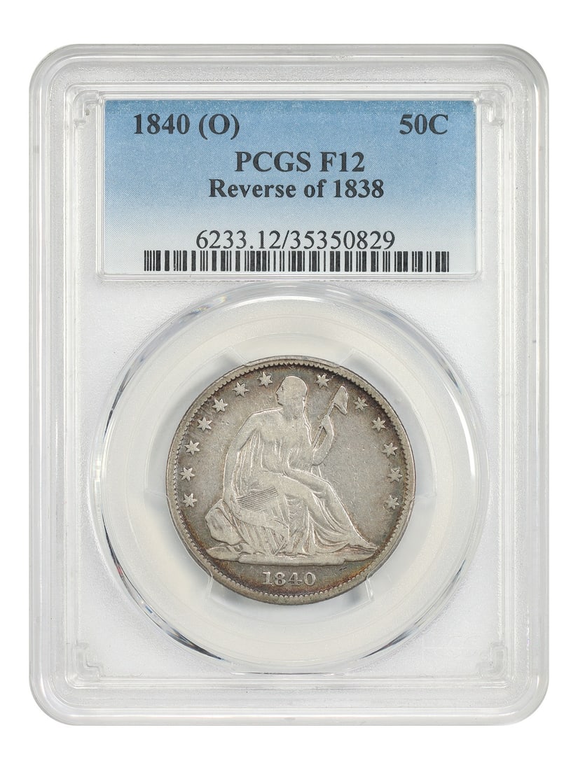 1840 O Liberty Seated Half Dollar PCGS Fine 12 Reverse of 1838: 1840 O Liberty Seated Half Dollar PCGS Fine 12 Reverse of 1838 This 1840 Liberty Seated Half Dollar features the Reverse of 1838 and was struck in New Orleans. Due to a mint oversight, the coin does n