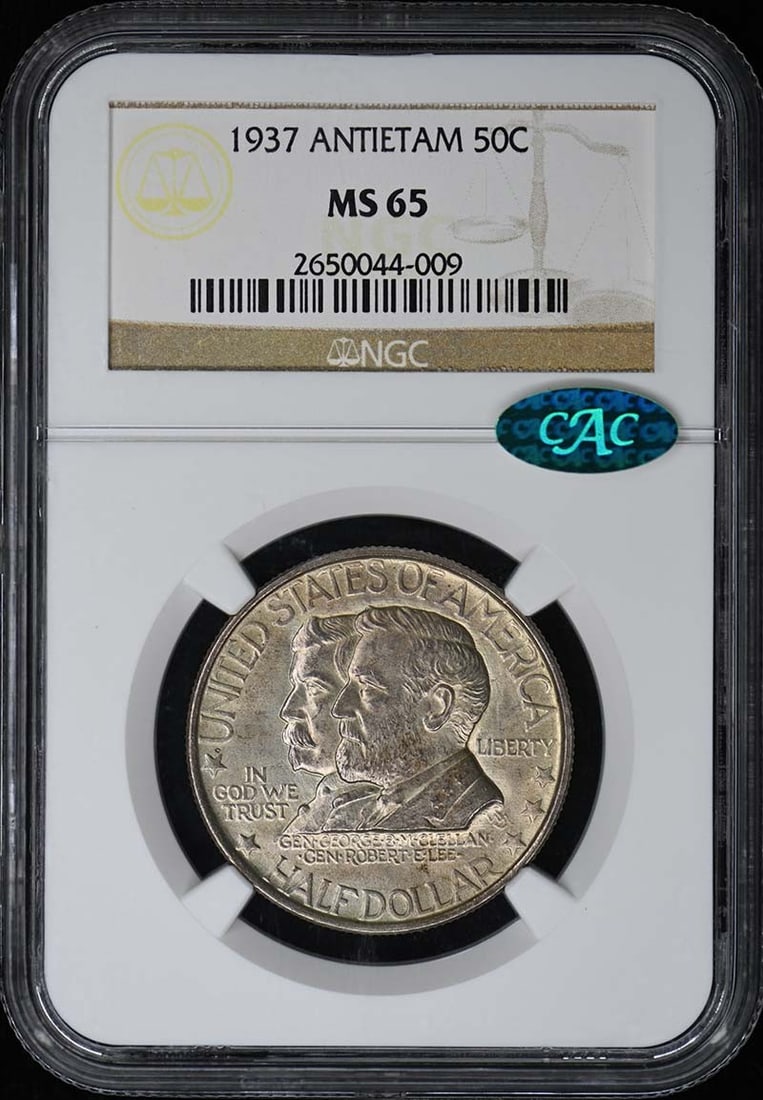 1937 Antietam Silver 50C NGC MS65 CAC: 1937 Antietam Silver 50C NGC MS65 CAC This 1937 Antietam Silver Commemorative Half Dollar has been graded MS65 by NGC and features CAC approval. Struck at the Philadelphia Mint, this uncirculated coin