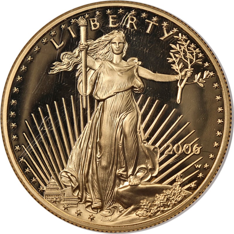 2006 W American Eagle $50 Gold Coin NGC PF70 Ultra Cameo: 2006 W American Eagle $50 Gold Coin NGC PF70 Ultra Cameo This is a 2006-W Gold American Eagle $50 coin, graded by NGC as PF70 Ultra Cameo with the Brown Label. The coin is uncirculated and features ex