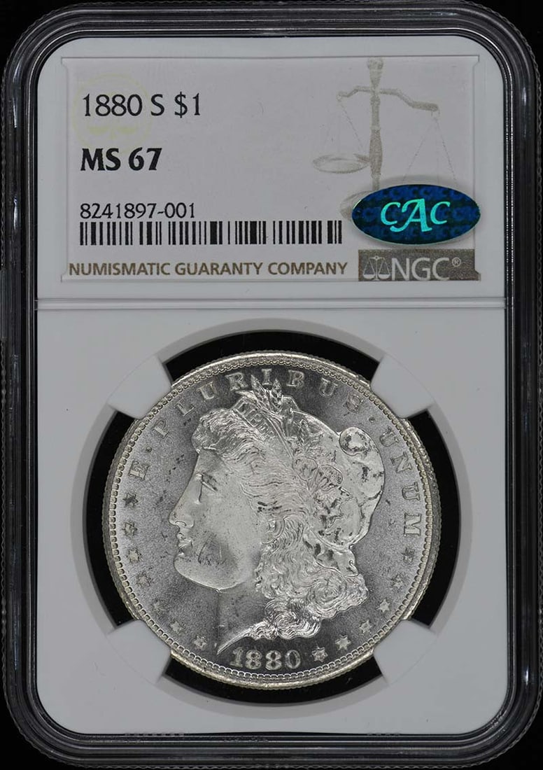 1880-S Morgan Dollar NGC MS67 CAC Uncirculated San Francisco: 1880-S Morgan Dollar NGC MS67 CAC Uncirculated San Francisco This stunning 1880-S Morgan Dollar is certified by NGC with a grade of MS67, indicating its exceptional uncirculated condition. Struck at t