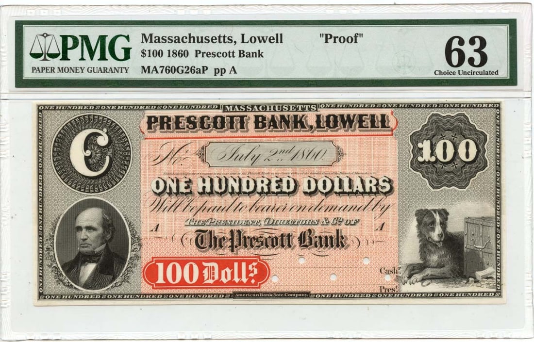 PMG CU63 1860 Lowell Massachusetts Prescott Bank $100 Obsolete Note (1 of 2)