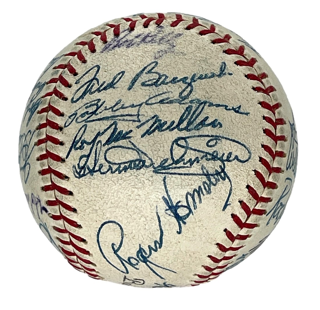 1953 Cincinnati Redlegs Team Ball Signed by 25 With Rogers Hornsby PSA DNA LOA: 1953 Cincinnati Redlegs Team Ball Signed by 25 With Rogers Hornsby PSA DNA LOA This is an original baseball signed by 25 members of the 1953 Cincinnati Redlegs, including notable figures such as Roger