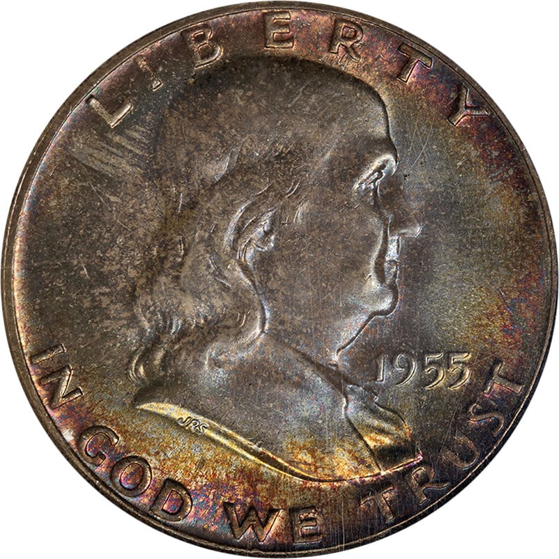 1955 Franklin Half Dollar NGC MS67 FBL Silver Coin with Strong Strike: 1955 Franklin Half Dollar NGC MS67 FBL Silver Coin with Strong Strike This stunning 1955 Franklin Half Dollar is graded NGC MS67 FBL, showcasing exceptional eye appeal with fantastic luster and a stro