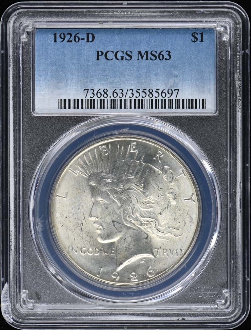 1926-D Peace Dollar Uncirculated PCGS MS63 Denver Mint: 1926-D Peace Dollar Uncirculated PCGS MS63 Denver Mint This 1926-D Peace Dollar is an exceptional addition to any coin collection. Graded MS63 by PCGS, this uncirculated coin showcases the iconic desi