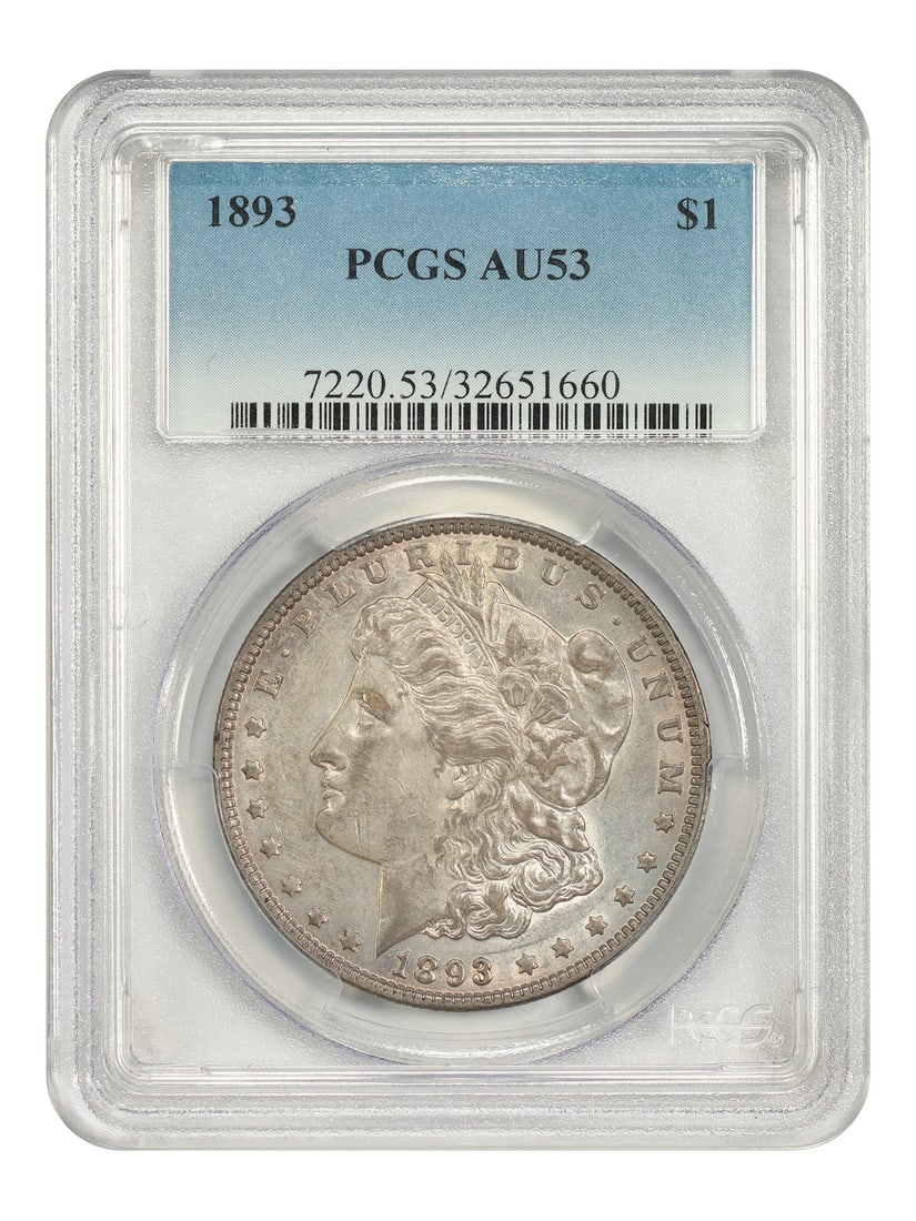 1893 Philadelphia Morgan Dollar PCGS AU53: 1893 Philadelphia Morgan Dollar PCGS AU53 This 1893 Morgan Dollar is graded AU53 by PCGS and was minted in Philadelphia. Recognized as a better date in the Morgan dollar series, this coin has a low mi