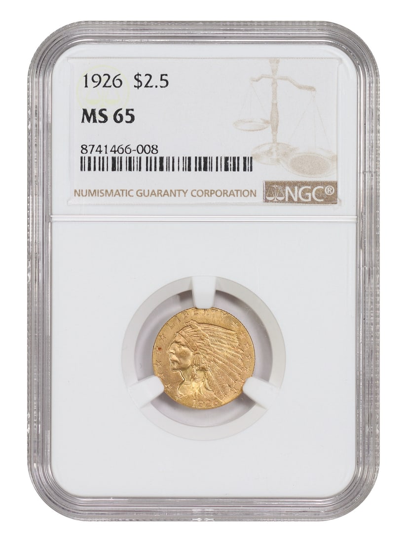 1926 Indian Quarter Eagle Gold Coin NGC MS65 Certified: 1926 Indian Quarter Eagle Gold Coin NGC MS65 Certified This 1926 Indian $2.50 gold coin is certified by NGC with a grade of MS65, indicating an uncirculated condition. It features the iconic design by