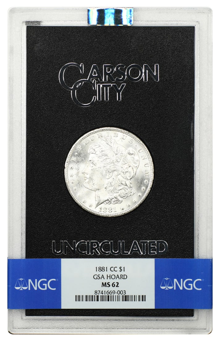 1881-CC Morgan Dollar NGC MS62 GSA Box Carson City: 1881-CC Morgan Dollar NGC MS62 GSA Box Carson City This 1881-CC Morgan Dollar, minted in Carson City, is a sought-after collectible. Graded MS62 by NGC, it is uncirculated and comes housed in the popu